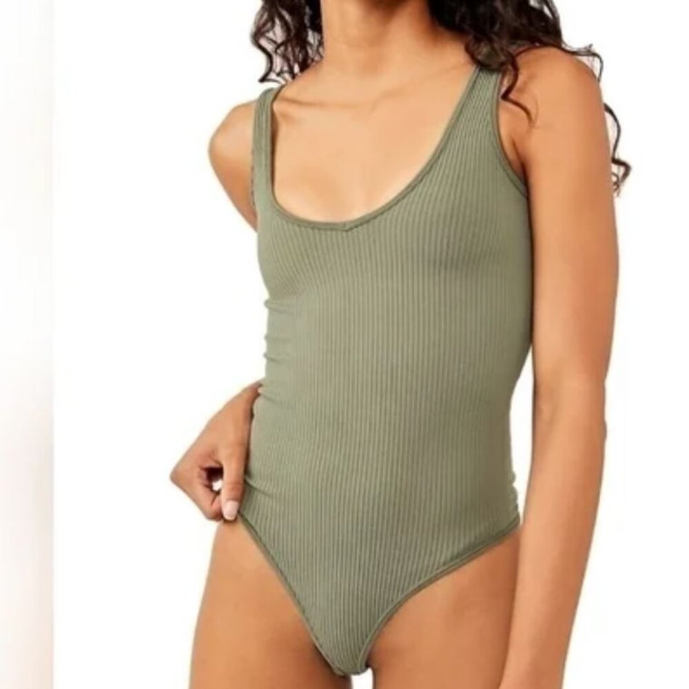 Free People Olive Ribbed Bodysuit
